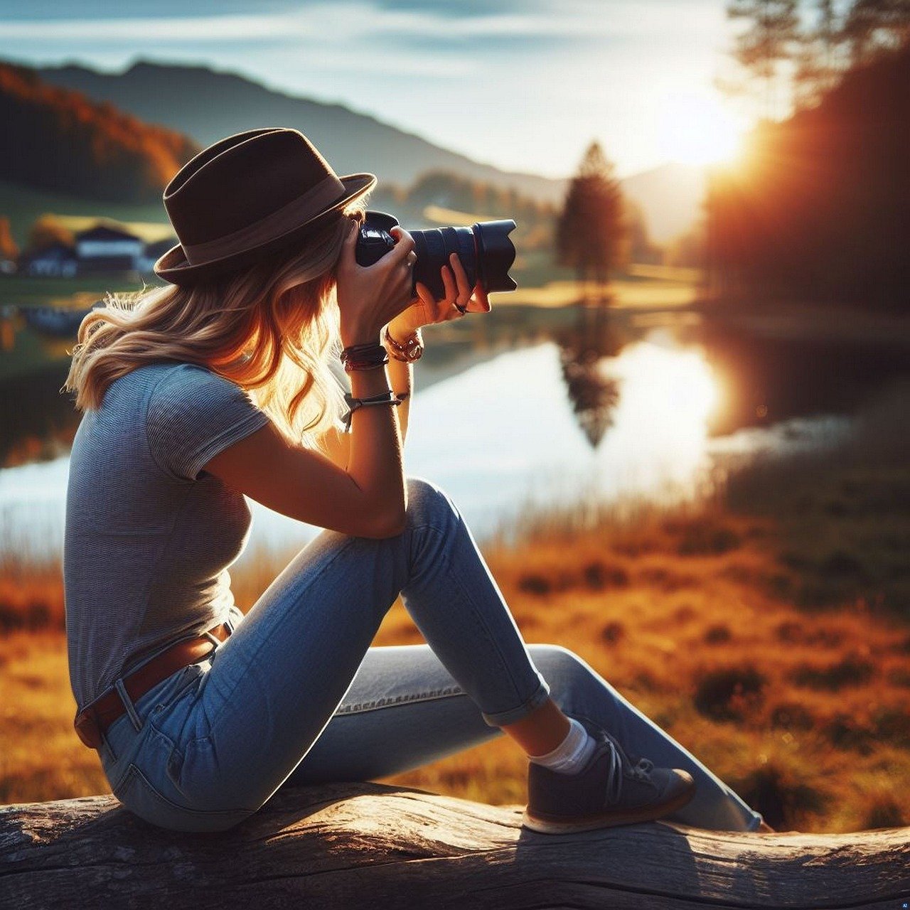 Female wedding photographer, taking photo in the golden hour